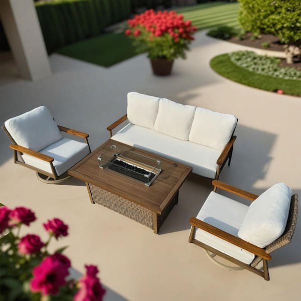 HiGreen Outdoor Manbo 4-Piece Brown Wicker Patio Fire Pit Seating Set with Cast Natural Cushions and Rectangular Fire Pit Table