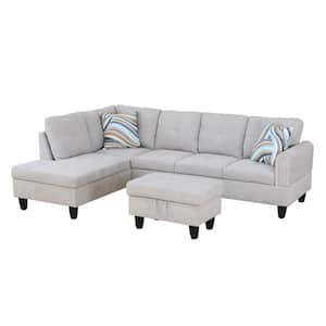 97 in. Flared Arm Velvet L-Shaped 4-Seater Sofa With Ottoman in Gray
