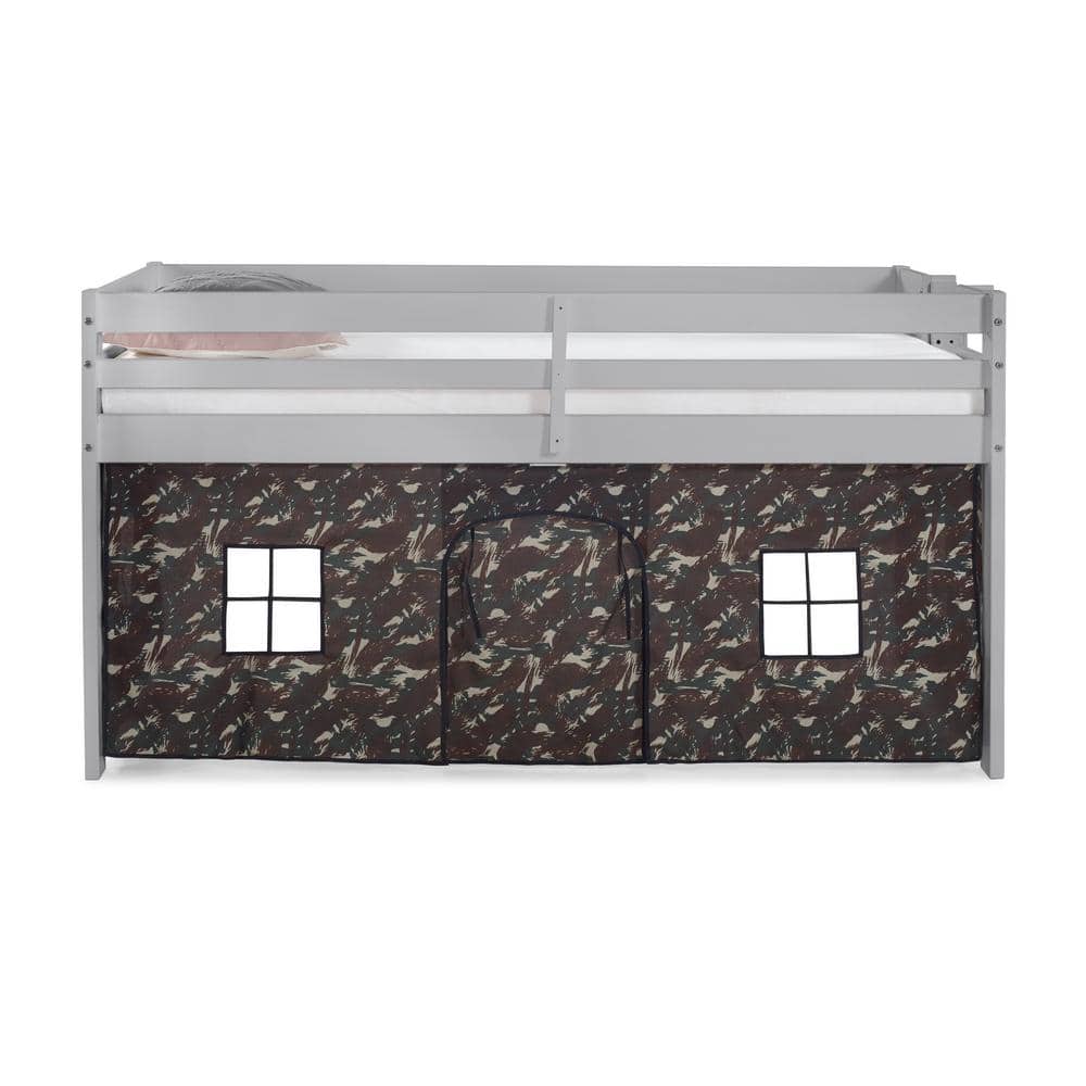 Dove Gray Twin Loft Bed with Green Camouflage Tent