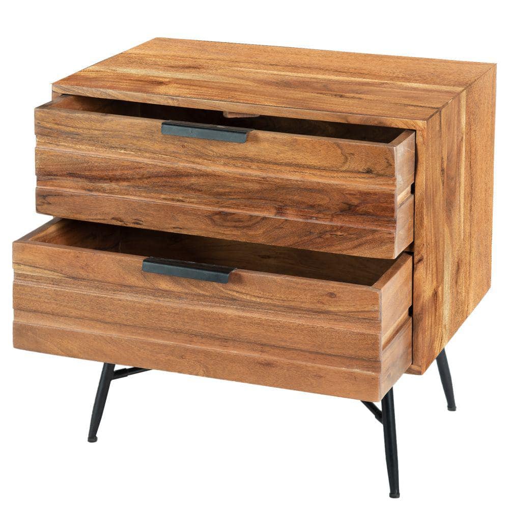 Luxury Acacia Wood 2-Drawer Nightstand with Metal Legs, Black and Brown