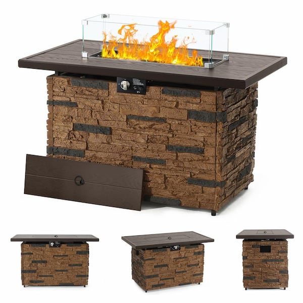 INNUMIA 43 in. Propane Fire Pit Table Outdoor Stone Firepit Table Rectangular 50000 BTU Propane Fire Tables for Patio