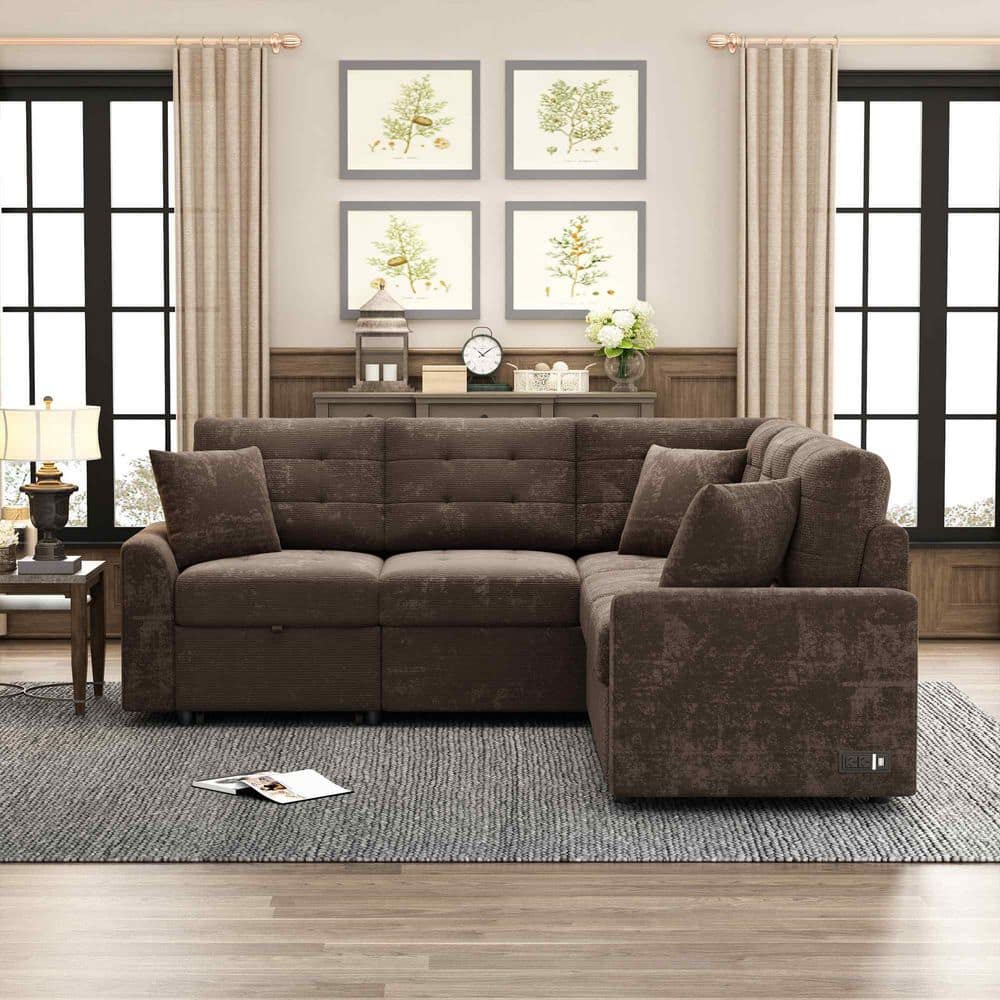 82.6 in. Square Arm Velvet Sectional Sofa with Wheels, USB Ports, Power Sockets in. Brown