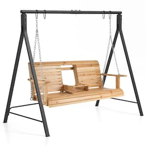 83 in. 2-Person Wood Patio Swing Set with Stand Cupholder & Adjustable Chains A-Shaped Metal Frame