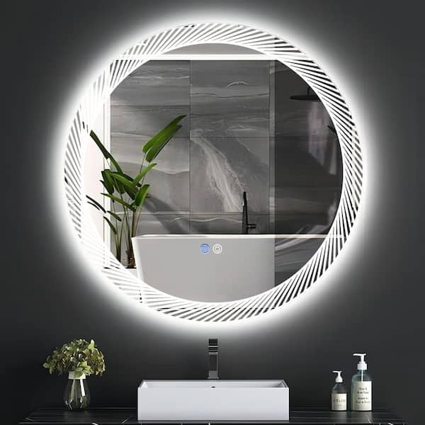 UPIKER Decor 30 in. W x 30 in. H Small Round Frameless Memory LED Wall-Mounted Bathroom Vanity Mirror in Silver Mirror