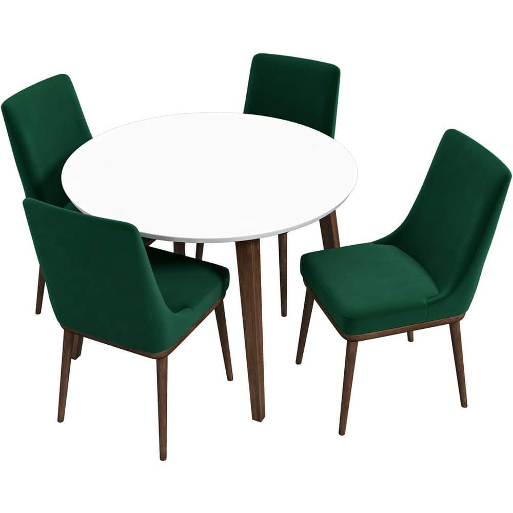 Jameson 5-Piece Mid Century Modern Round 43 in. White Top Dining Table Set with 4 Velvet Dining Chairs in Green -  Ashcroft Furniture Co, PWSETBGR