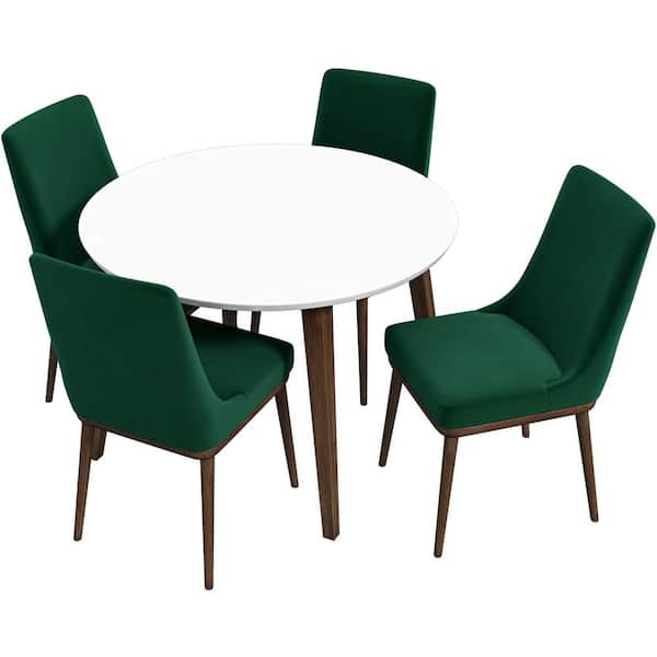 Ashcroft Furniture Co Jameson 5-Piece Mid Century Modern Round 43 in. White Top Dining Table Set with 4 Velvet Dining Chairs in Green