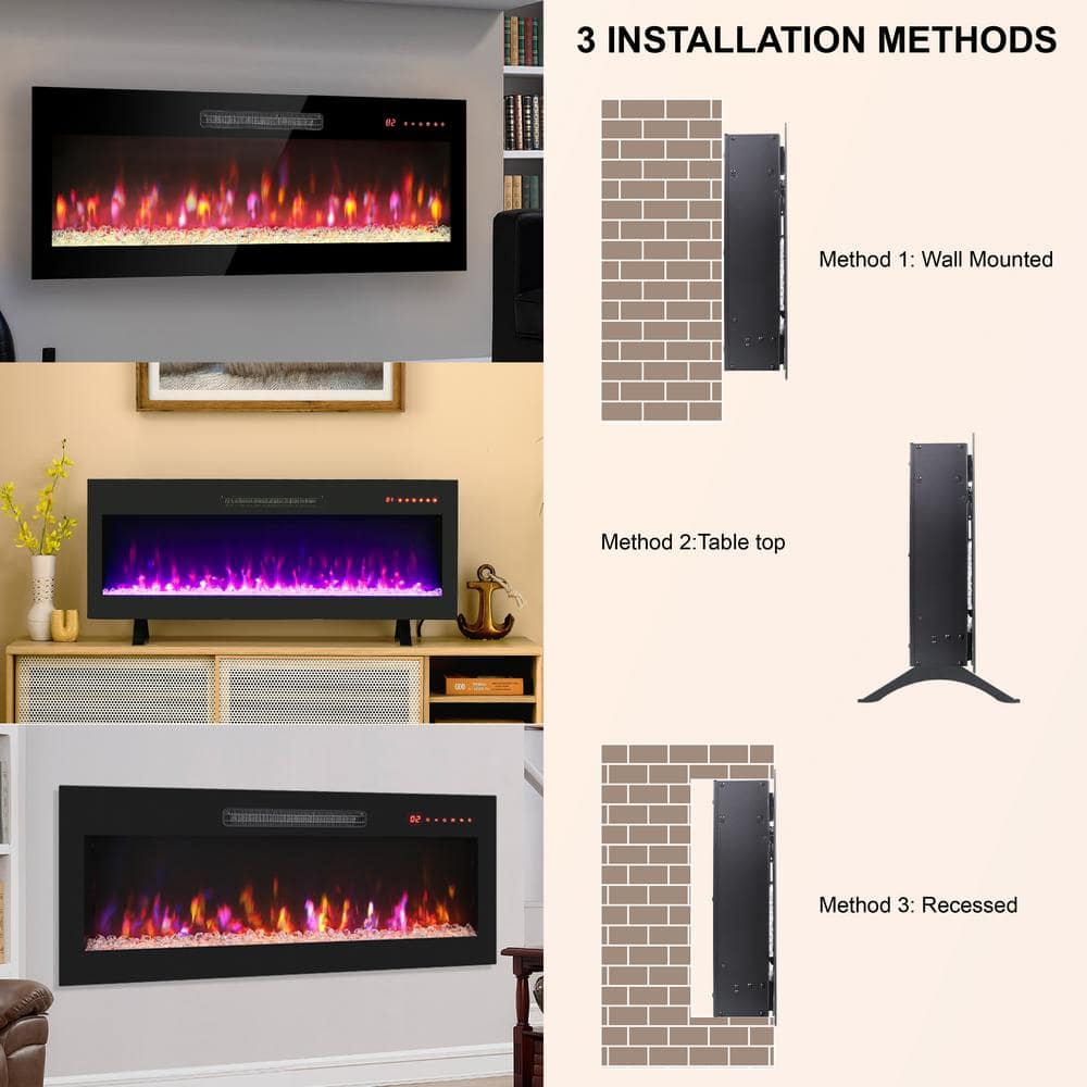 42" Black Wall-Mounted Electric Fireplace with Remote