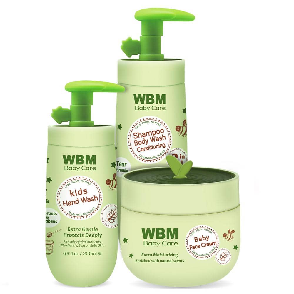 WBM Baby Bath Essentials Gift Set, Includes 3 in-1 Baby Shampoo, Lotion and Face Cream, Extra Moisturizing, White