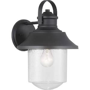 Weldon Collection 1-Light Textured Black Clear Seeded Glass Farmhouse Outdoor Large Wall Lantern Light