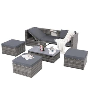 5-Piece Wicker Outdoor Sectional Sofa Set with Dark Gray Cushions and Lift Top Coffee Table, 5-Position Lounger Sofa