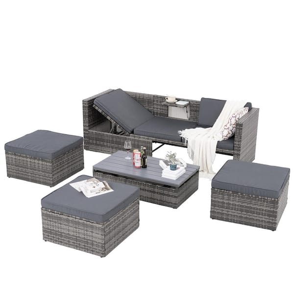 Unbranded 5-Piece Wicker Outdoor Sectional Sofa Set with Dark Gray Cushions and Lift Top Coffee Table, 5-Position Lounger Sofa