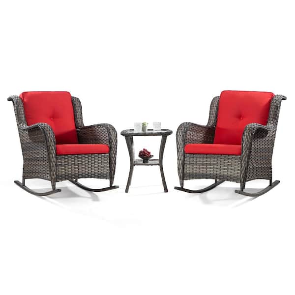 Sudzendf 3-Piece Wicker Patio Outdoor Bistro Set with Red Cushion, 2 All-Weather Outdoor Rocker Chair and 1 Side Table