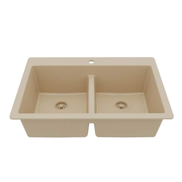 Bisque Quartz/Granite 33 in. 50/50 Double Bowl Composite Drop-in Kitchen Sink