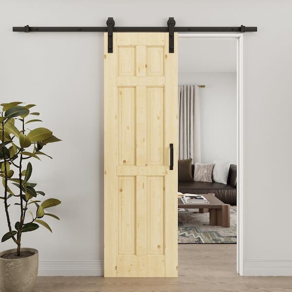 ARK DESIGN 24 in. x 80 in. 6-Panel Unfinished Solid Core Pine Wood Sliding Barn Door with Hardware Kit