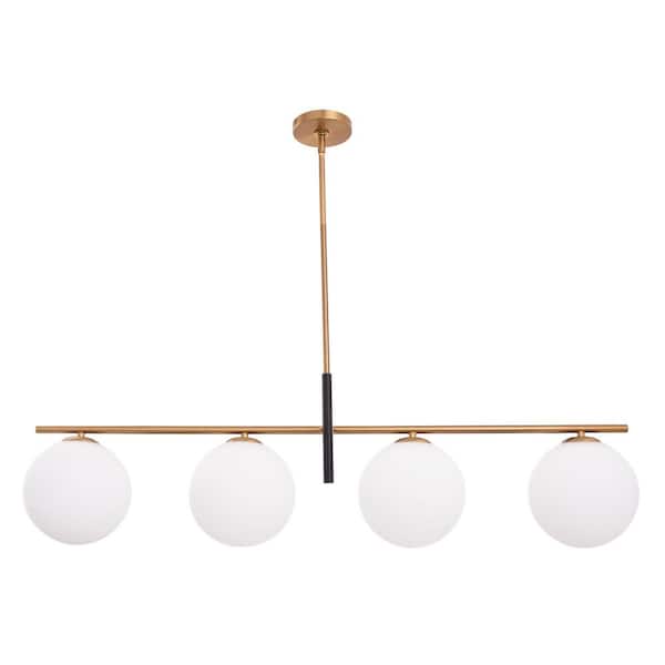 Spark 4 Light Gold Modern Linear Kitchen Island Chandelier with Opal Glass Shade