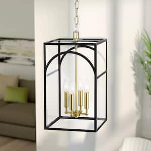 Coblitz 4-Light Satin Black Modern Industrial Rectangular Candlestick Chandelier for Dining Room with Clear Glass Shade