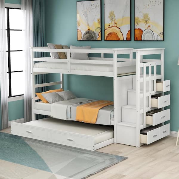 Solid Wood Bunk Bed, Hardwood Twin over Twin Bunk Bed with Trundle and Staircase, Natural White Finish