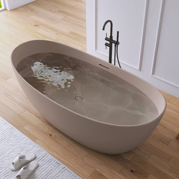 Cyrena 73 in. x 33 in. Stone Resin Solid Surface Flatbottom Freestanding Soaking Bathtub in Taupe