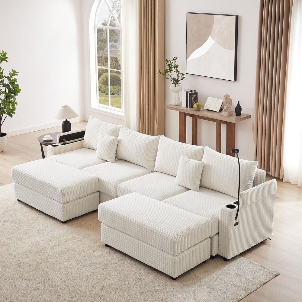 123.2 in. Corduroy Modular Sectional Sofa in Beige with 2 Ottomans, 2 USB P