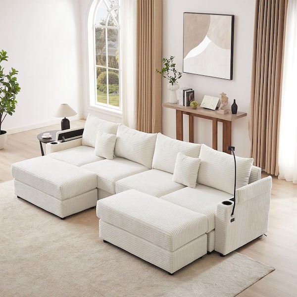 aisword 123.2 in. Corduroy Modular Sectional Sofa in Beige with 2 Ottomans, 2 USB Ports, 2 Cup Holders, A Phone Holder