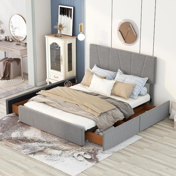 GOSALMON Gray Wood Frame Queen Platform Bed with 4 Drawers, Adjustable Headboard, Upholstery Platform Bed