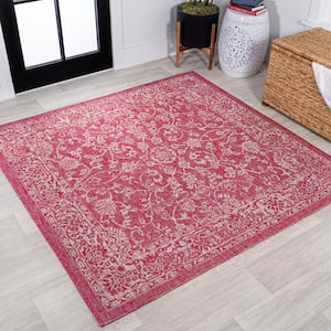 Tela Bohemian Textured Weave Floral Fuchsia/Light Gray 5 ft. Square Indoor/Outdoor Area Rug