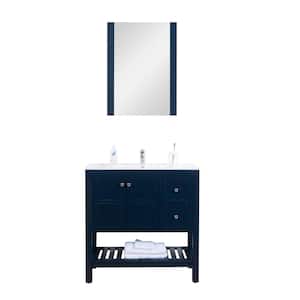 Manhattan 36 in. W x 18 in. D Vanity in Navy with Ceramic Top in White and Mirror