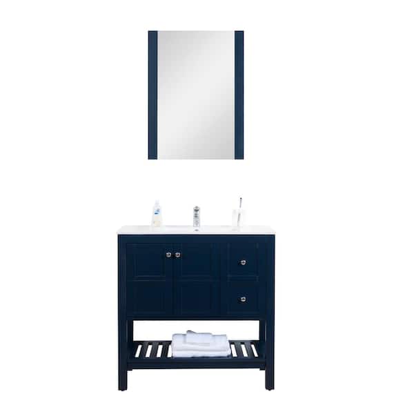 Unbranded Manhattan 36 in. W x 18 in. D Vanity in Navy with Ceramic Top in White and Mirror