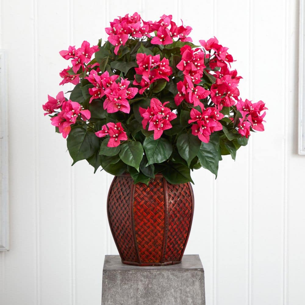 Pink Bougainvillea Silk and Plastic Arrangement in Woven Vase