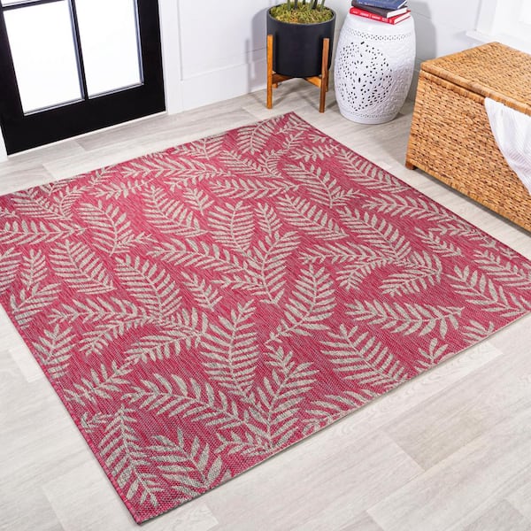 JONATHAN Y Nevis Palm Frond Fuchsia/Light Gray 5 ft. Square Indoor/Outdoor Area Rug