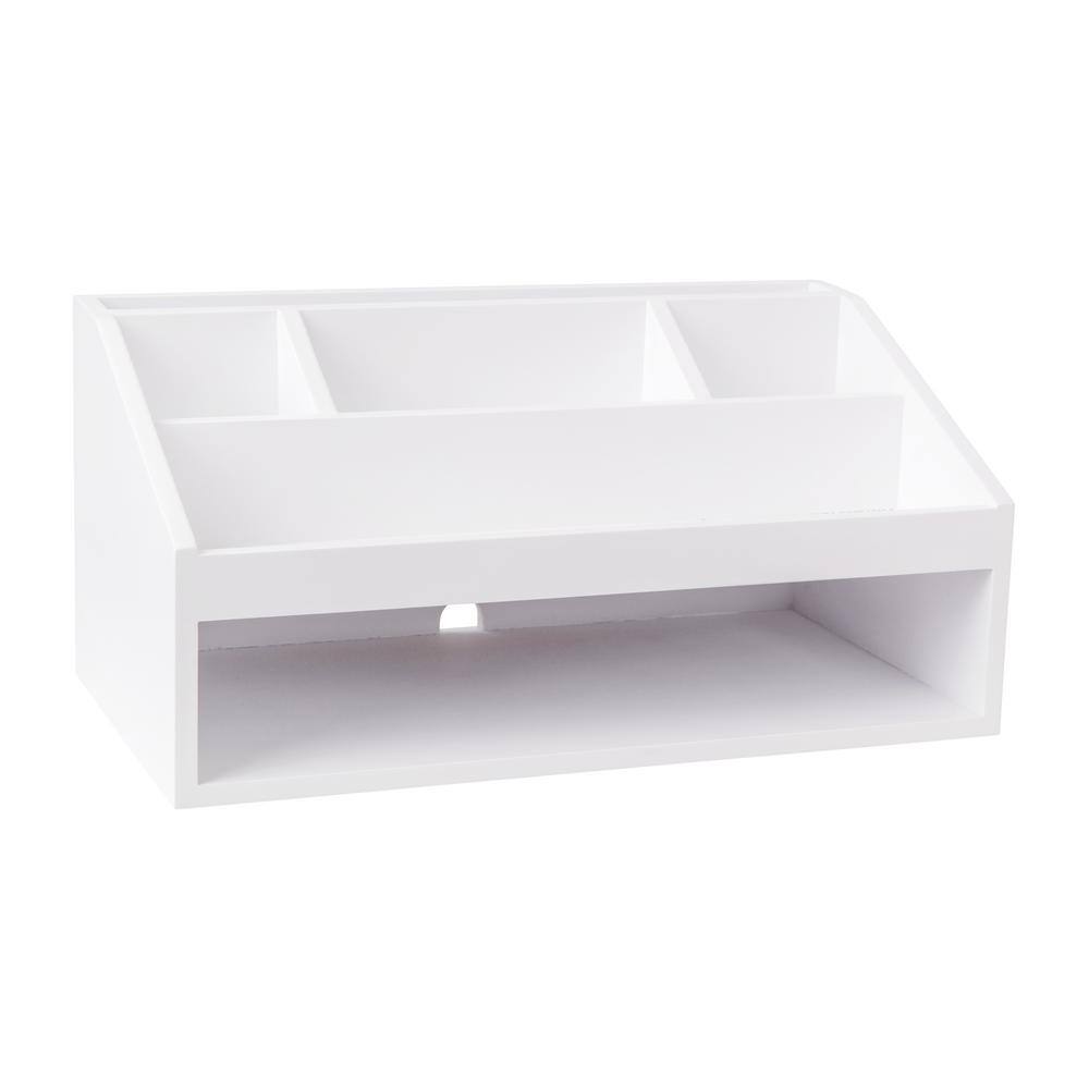 White Wooden Desktop Organizer with Open Storage Compartments