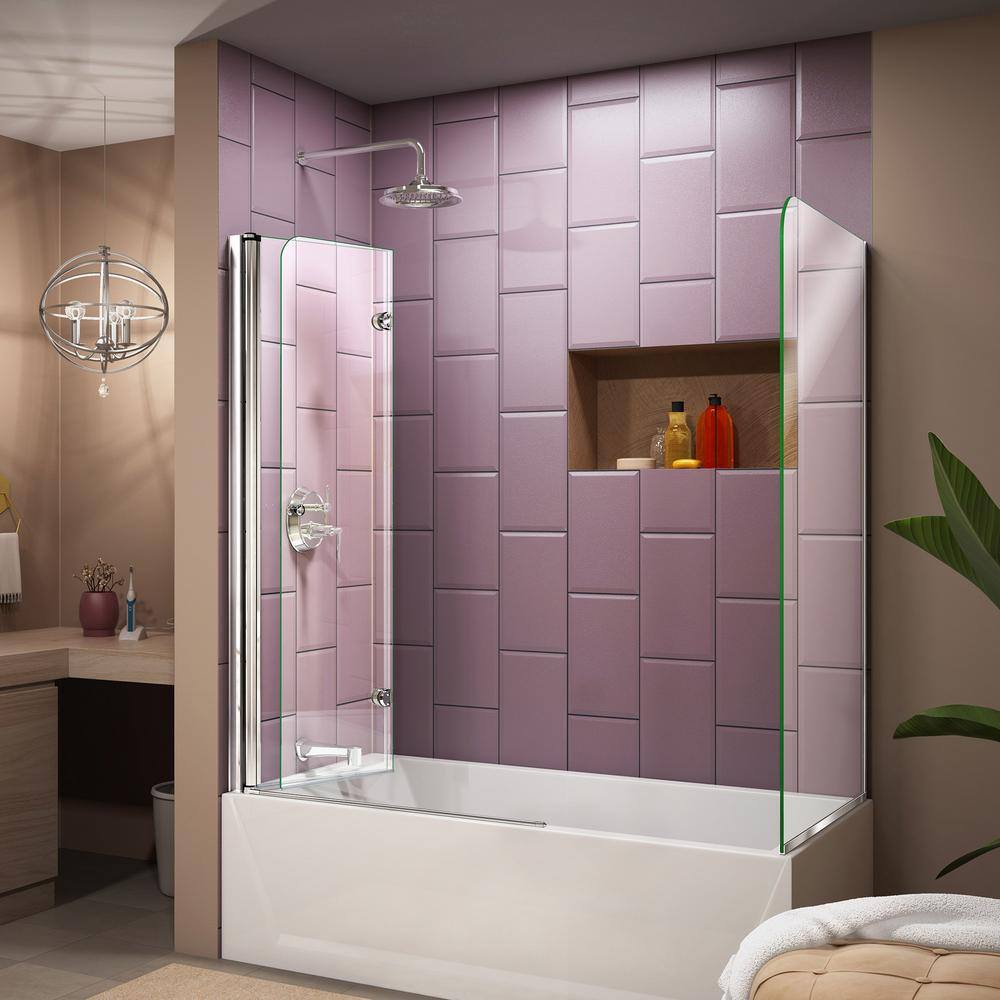 Aqua Fold Frameless Clear Glass Chrome Hinged Tub Door