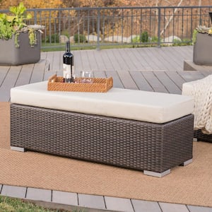 Nolan Multi-Brown Wicker Outdoor Patio Bench with Beige Cushion