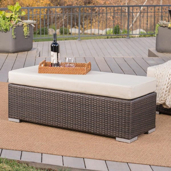 Noble House Nolan Multi-Brown Wicker Outdoor Bench with Beige Cushion