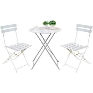 3-Piece Steel Frame Round Table Patio Outdoor Bistro Dining Set, Foldable Patio Table and Chairs Furniture, White