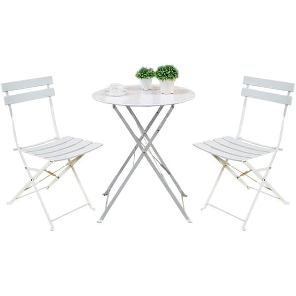 Yangming 3-Piece Steel Frame Round Table Patio Outdoor Bistro Dining Set, Foldable Patio Table and Chairs Furniture, White