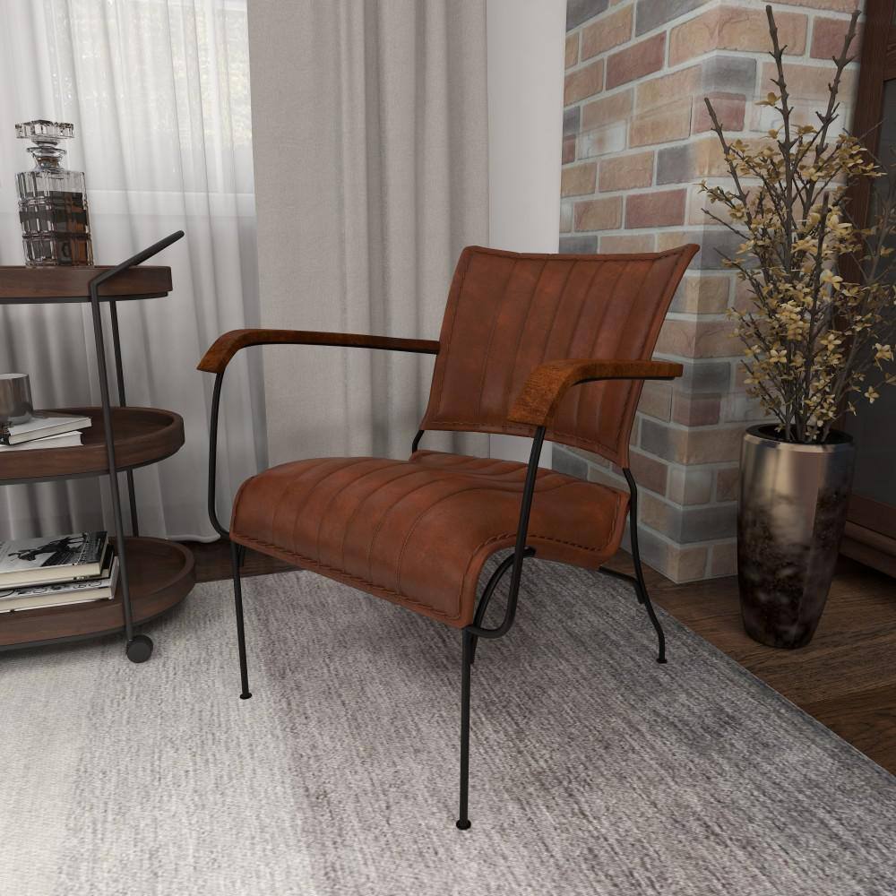 Vintage Brown Leather and Metal Accent Chair