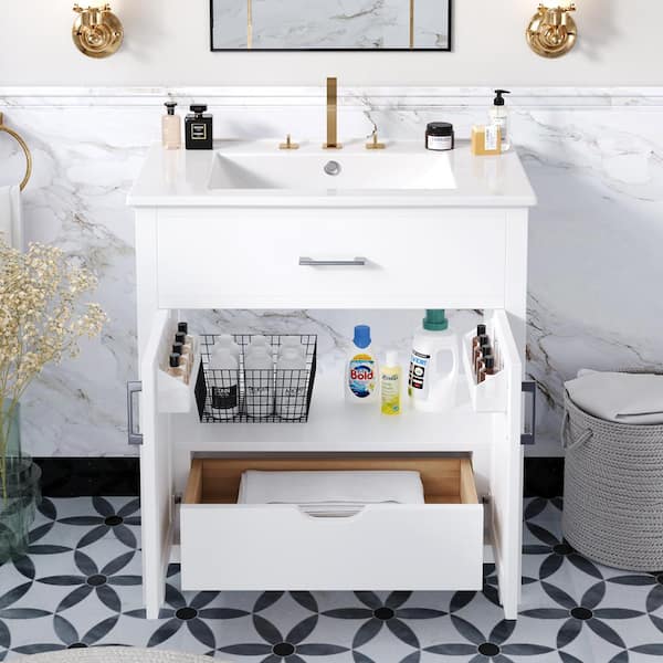 30 in. W Freestanding Bath Vanity in White with White Ceramic Top and Sink, 2 Doors