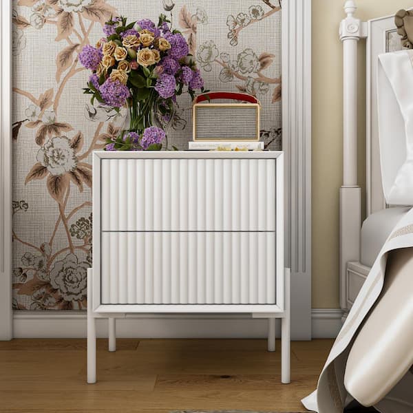 FUFU&GAGA 17.3 in. Width White Rectangle Wooden End Table, Nightstand with Wave Decorative Surface and 2-Drawers