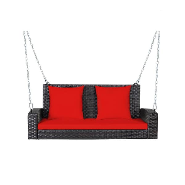 WELLFOR 2-Person Black Wicker Outoor Patio Porch Swing with Red Cushions