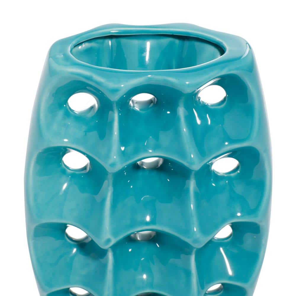 Modern Blue Ceramic Trio Vase Set with Textured Embellishments