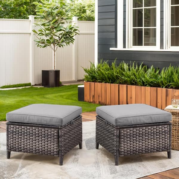 Arcline Gray Wicker Outdoor Ottoman with Gray Cushions (2-Pack)