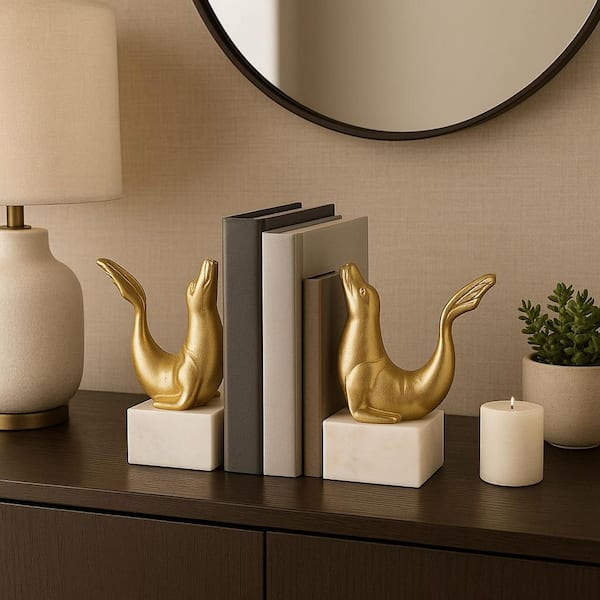Liv & Skye 10 in. Gold Metal and Marble Sea Lion Bookends (Set of