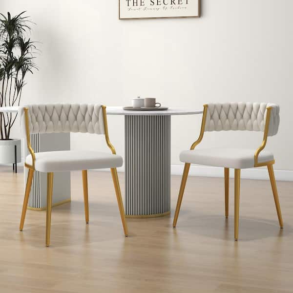Modern Ivory Velvet Upholstered Cutout Back Dining Chair with Metal Legs (Set of 2)