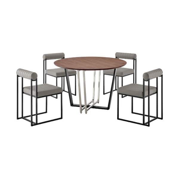 Armen Living Joana and Anastasia 5-Piece Light Gray Faux Leather Black and Wood Top Dining Set Seats 4