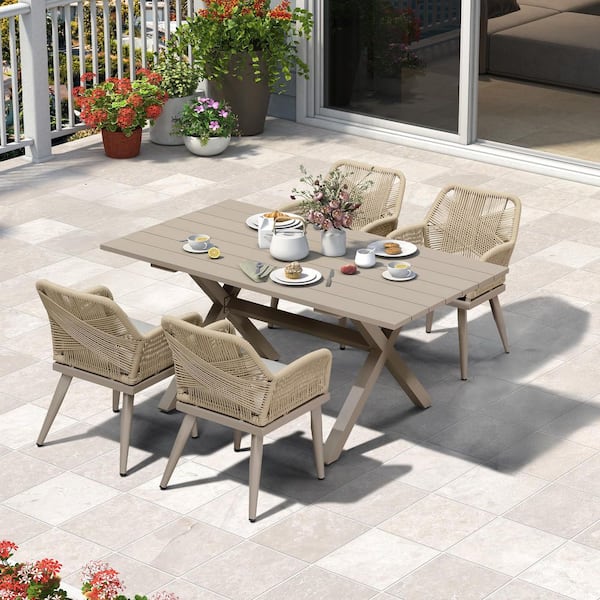PURPLE LEAF 5-Piece Aluminum All-Weather PE Rattan Rectangular Outdoor Dining Set with Cushion, Champagne