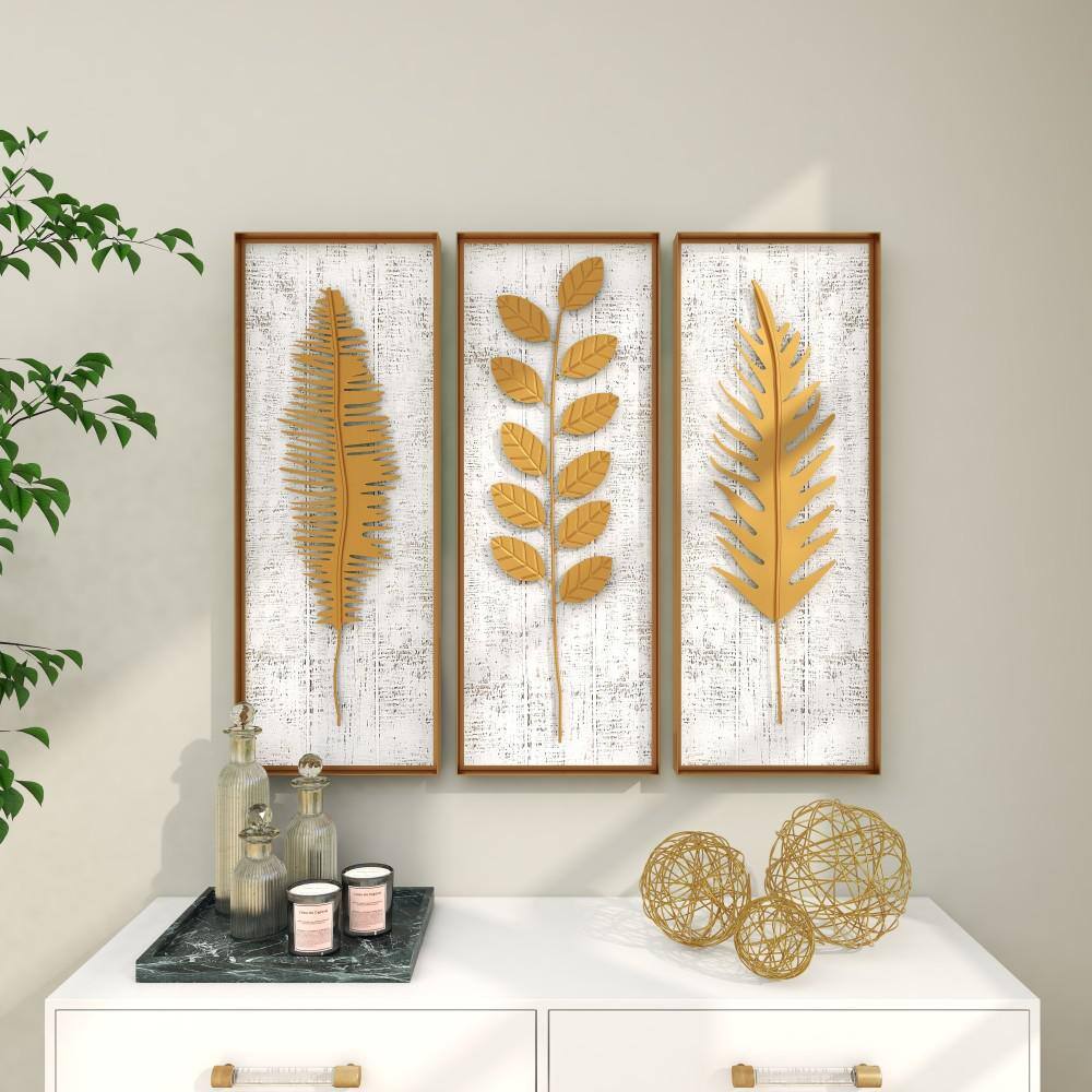 Gold and White Rectangular 3D Leaf Wall Sculpture Set