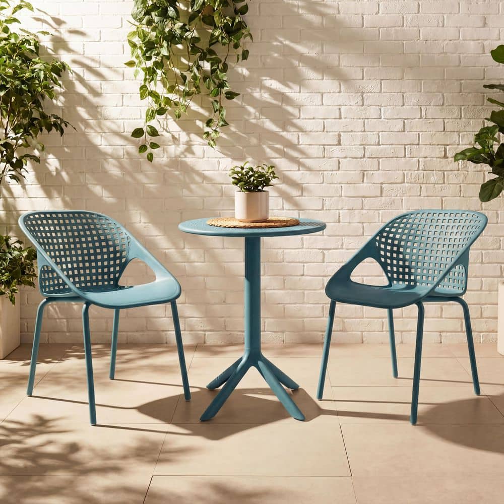 Zoe Sky Blue 3-Piece Plastic Round Table Patio Outdoor Bistro Set Chair with Metal Legs