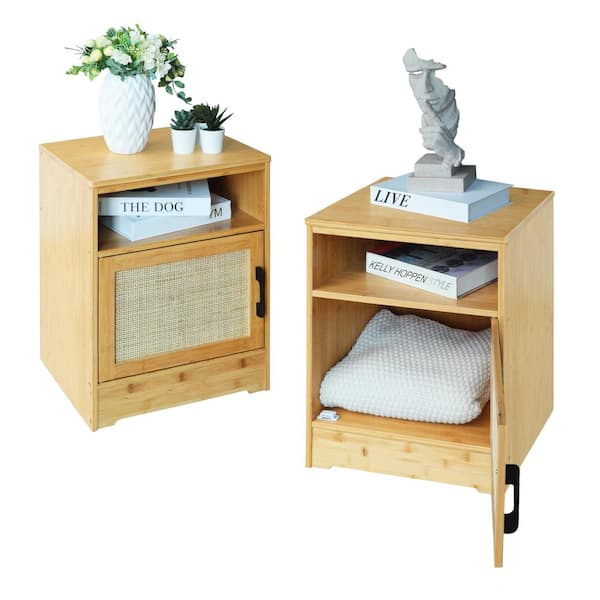 VEIKOUS Yellow Bamboo Nightstands Accent Storage Cabinets Side End Table with Rattan Doors and Storage Cube (Set of 2)