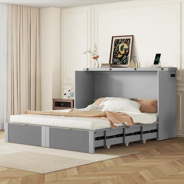 Nestfair Gray Wood Frame Queen Murphy Bed with Sockets and USB Ports